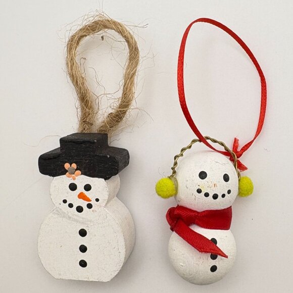 Vintage Wooden Snowman Christmas Tree Ornaments Set Of 2 Mini Rustic - Picture 7 of 7